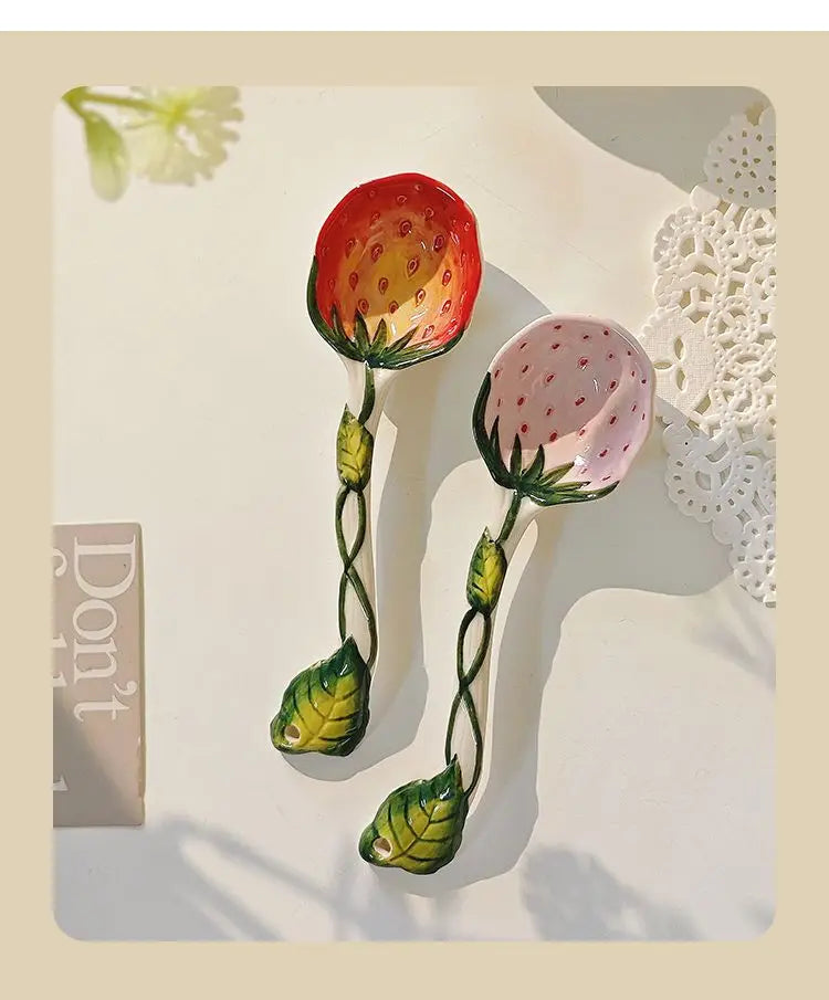 Strawberry Ceramic Spoon, Watermelon Panda Underglaze Household Cute Long Handle Children Eat Dessert Spoons Tableware