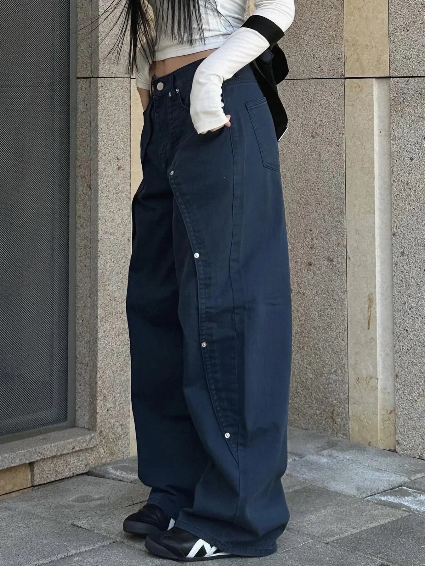 Casual Loose Rivet Jeans Wide Leg Pants Basic Low-Waisted Straight Pants Streetwear