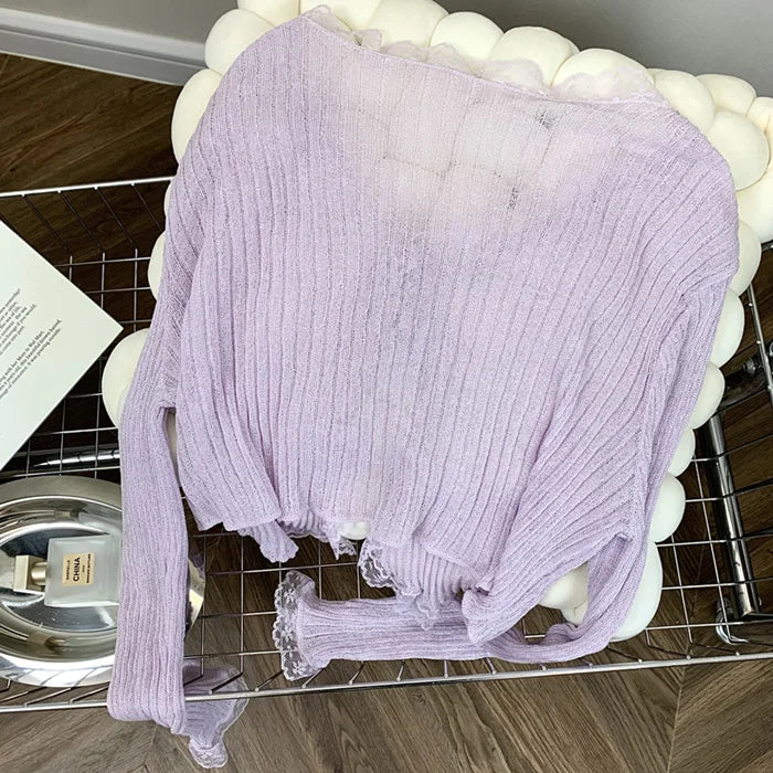 Lace Knitted Cardigans Long Sleeved Short Lace-Up Thin Shawl