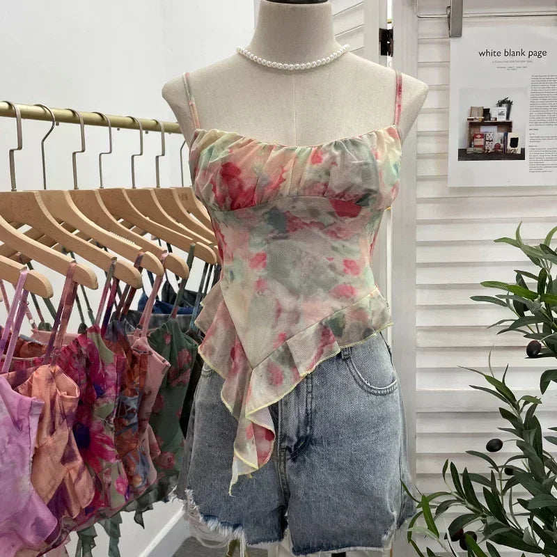 Girls Sweet Ruffles Mesh Camisole Top Lady Camis Sleeveless Printed Floral T shirts Stretch Slim Tanks For Slim Women