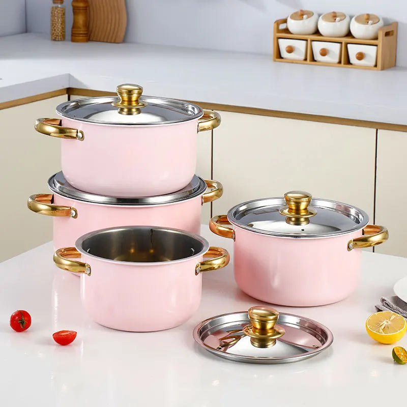 Stainless Steel Pink Pot Set, Gold Handle, Universal For Induction Cooker And Gas Stove, Suitable For Kitchen Cooking
