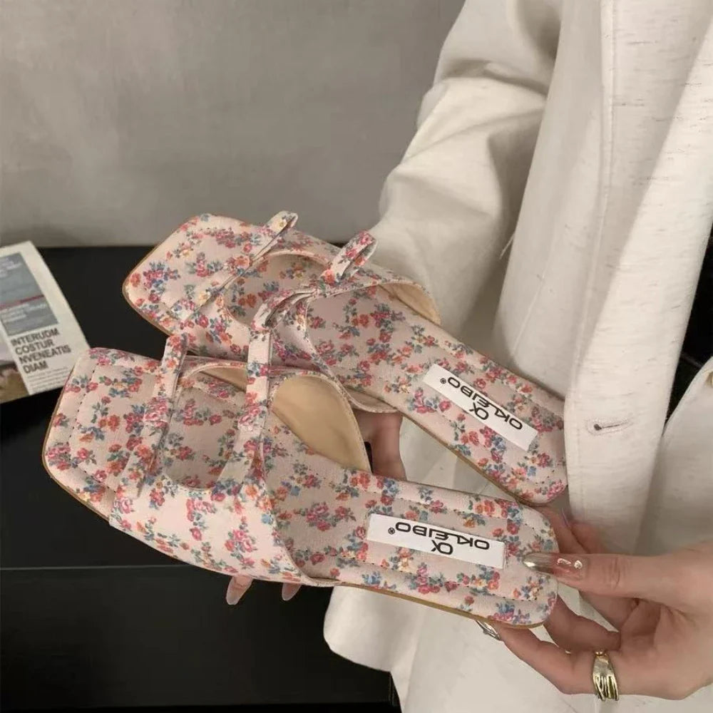 Fashion Butterfly-Knot Ladies Flats Slippers Square Toe Summer Slides Slippers Sandals Shoes For Women