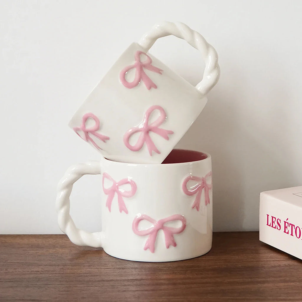 Pink Bow Ceramic Mug, Twist Handle Ceramic Mug, Exquisite and Simple Pink Embossed Mug