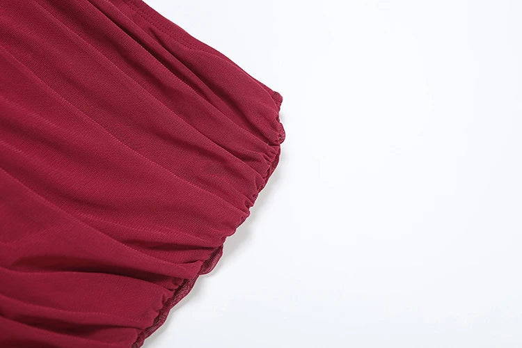 Irregular 2 Piece Set Women Double Deck Mesh Diagonal Collar Tank Top+Ruched Maxi Skirts Matching Outfit