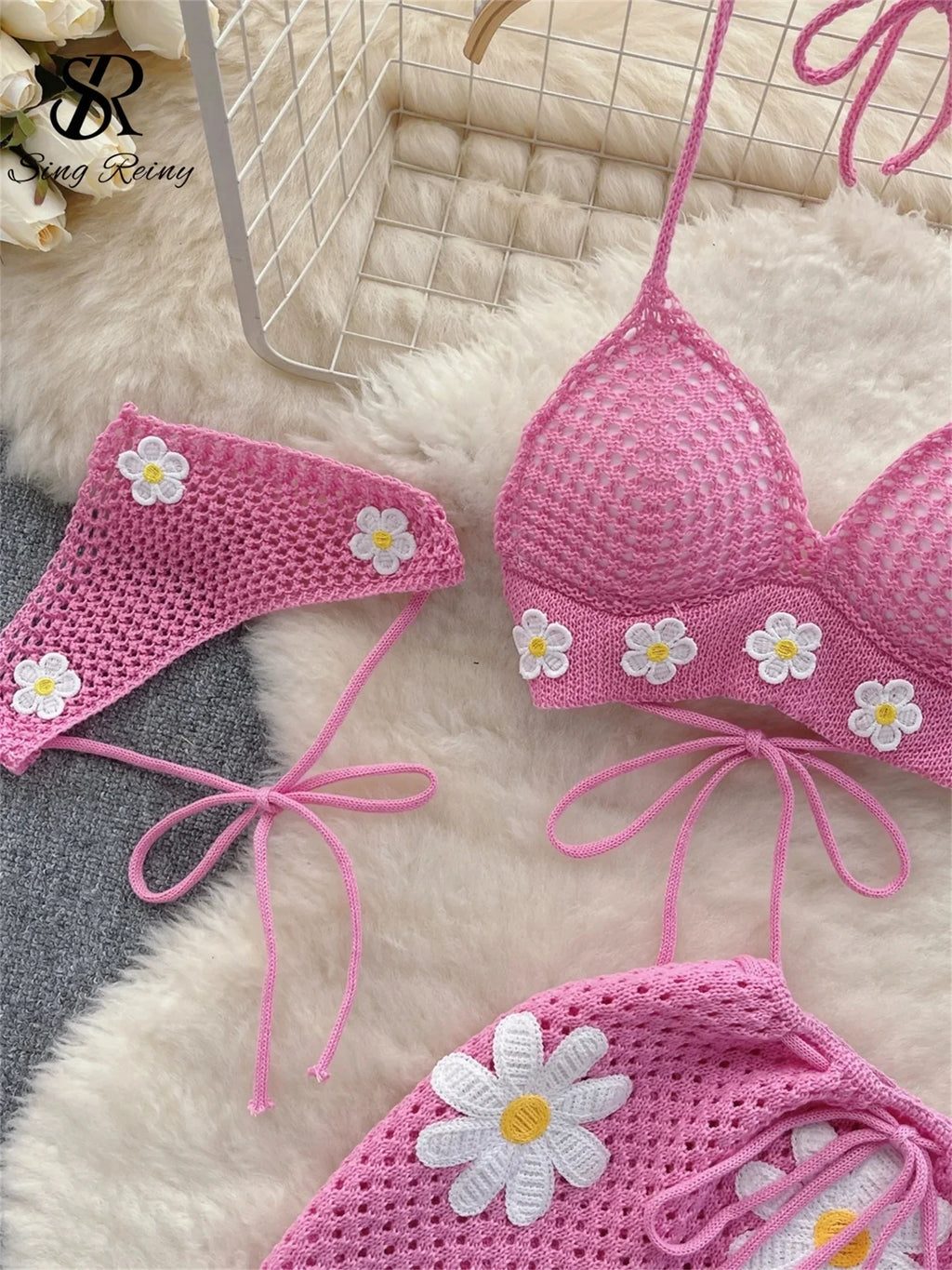 Hollow Out Knitted Suits Women Halter Lace Up Bow Backless Tank Top+Drawstring Split Mini Skirt Two Pieces Sets