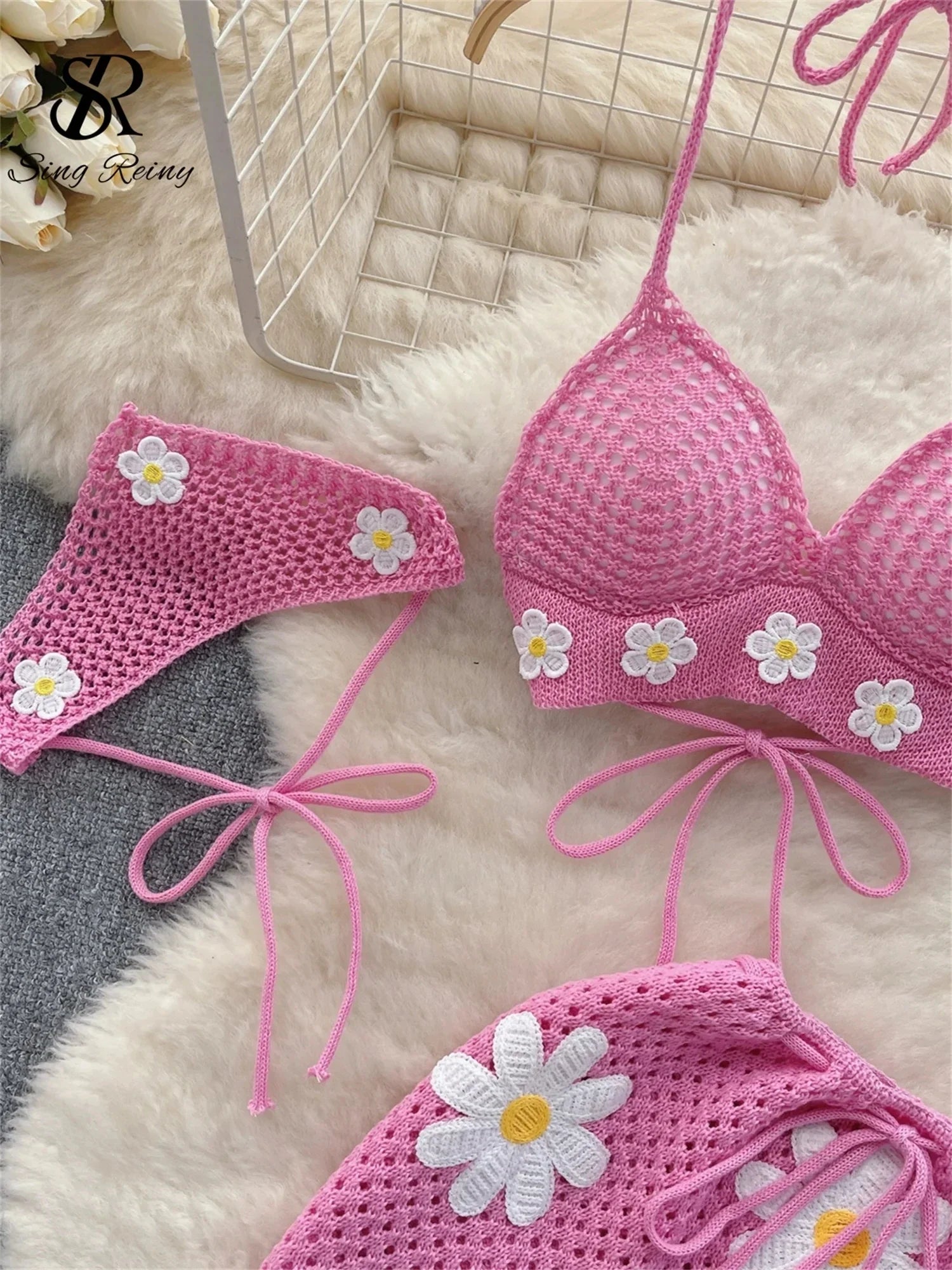 Hollow Out Knitted Suits Women Halter Lace Up Bow Backless Tank Top+Drawstring Split Mini Skirt Two Pieces Sets