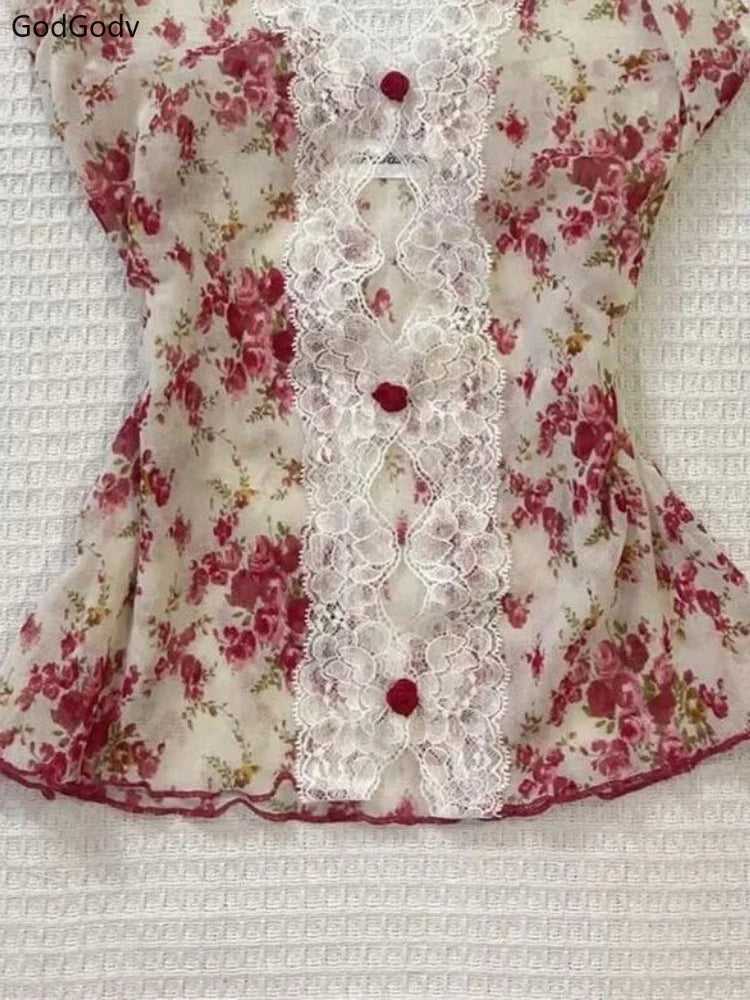 Summer Woman Floral Halter Lace Blouse Vintage Sexy Slim Fit Fairy Tops Outfits Elegant Style