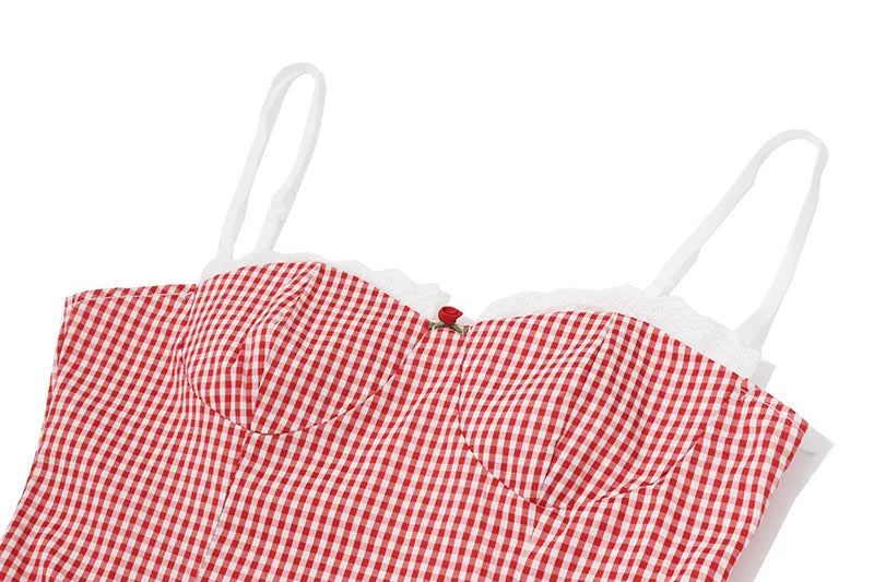 Plaid Y2K Lace Vintage Spaghetti Strap Mini Dresses Backless Aesthetic Casual Slim Dress