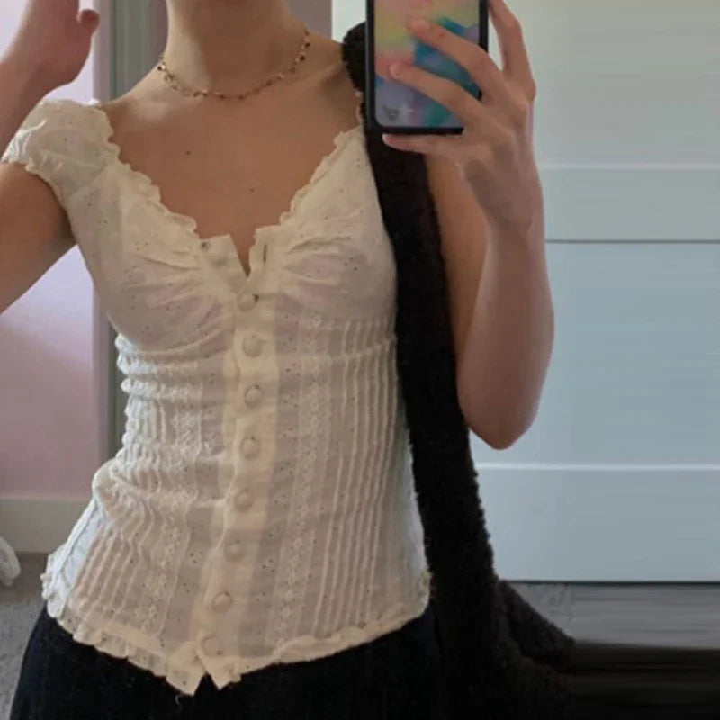 French 90s Vintage Floral T-shirt Fairy Kawaii Button Frill V Neck Crop Top