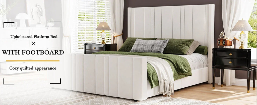 Soft Velvet Upholstered Bed Frame with Vertical Channel Tufted Wingback Headboard & Tall Footboard