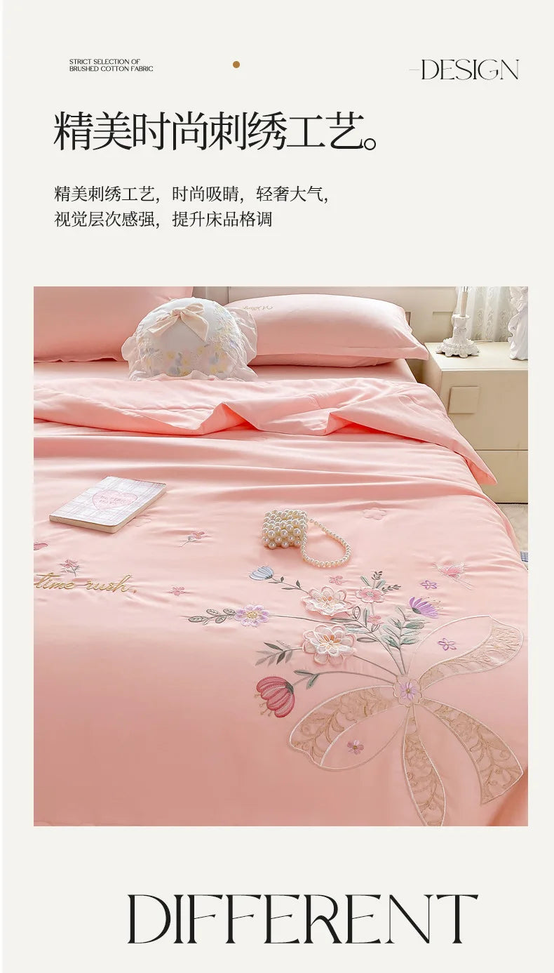 Super Soft Washed Cotton Three-Dimensional Flower Embroidered Summer Quilt Four-Piece Set
