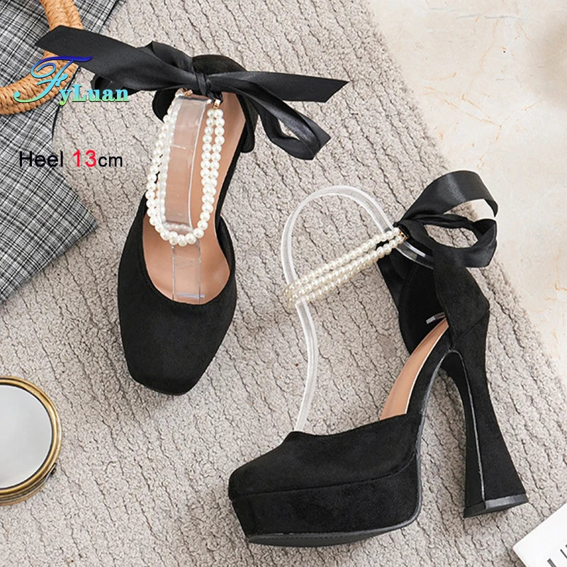 Fashion Super High Heels Sandals Bow Buckle Square Head Heels Ladies Shoes