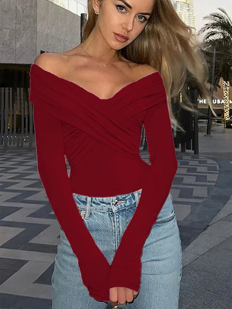 Sexy Off Shoulder Women's Bodysuits Fashion Crossed Folds Skinny Rompers Long Sleeve