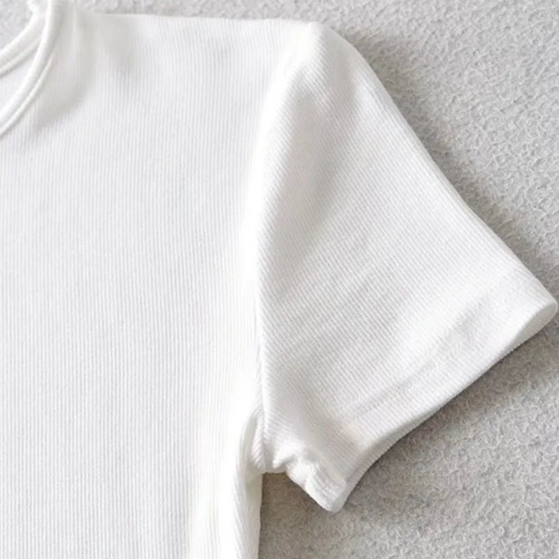 Summer Woman Skinny Fit T-shirt Tight Short-Sleeve O-neck Tee Basic Solid Crop Tops T Shirt