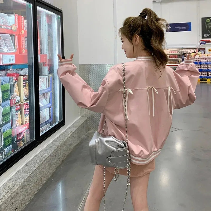 Sweet Butterfly Knot Pink Baseball Jacket Women's Spring Autumn Casual Loose Fit round Neck Full Sleeve Fashionable Coat