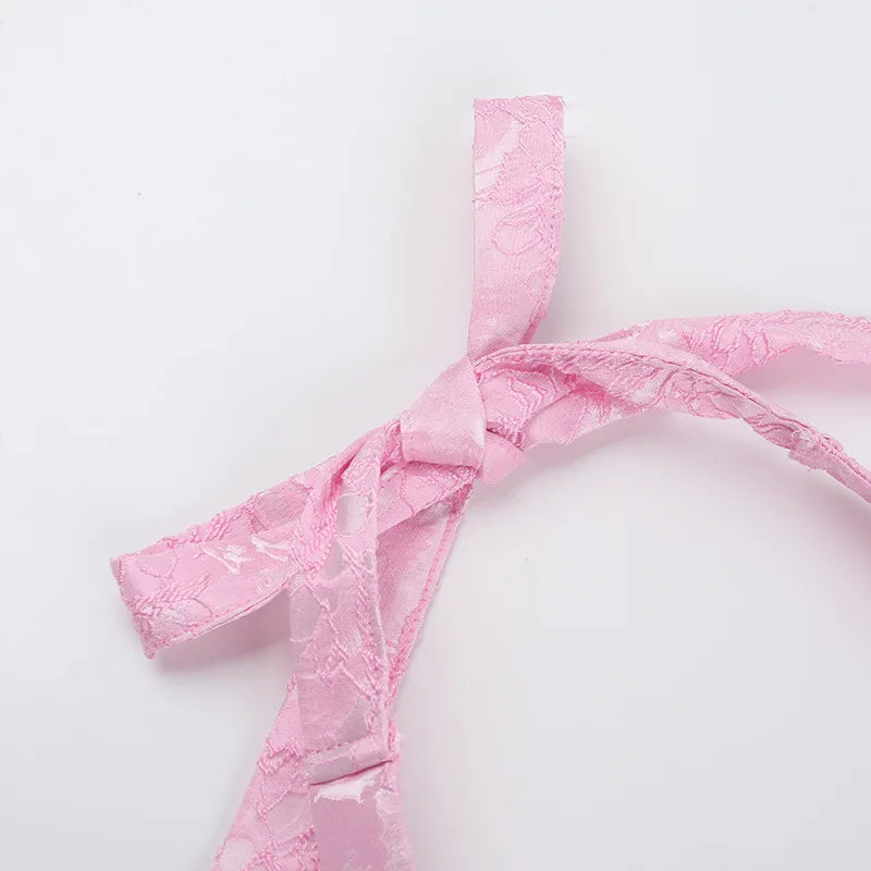 Pink Jacquard Halter Bow Evening Party Dress Women Robes Backless Elegant Sexy Dress Bodycon Mini Dress