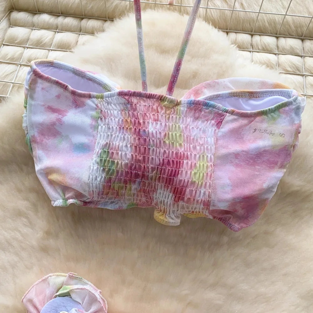 Flower Strapless Halter Tank Top and Split Ribbon Skirt Two Piece Set