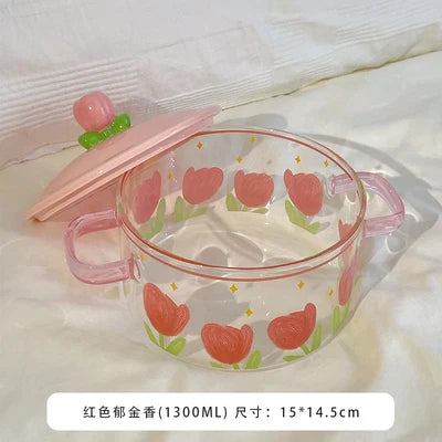 Pink Flower Instant Noodles Glass Pot Can Be Heated Soup Pot Double Ears Salad Bowl Covered with a Large Capacity Bowl