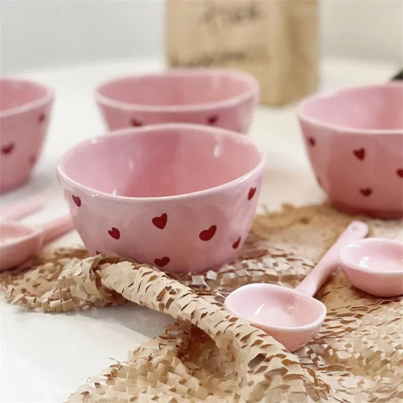 Pink Love Cutlery Set Rice Bowl Ceramic Double Ear Instant Noodle Soup Bowl Hand Paired Spoon Combination Noodle Bowl