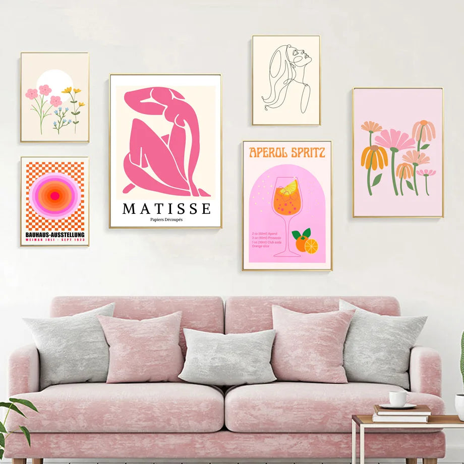 Pink Matisse Flower Market Bauhaus Cocktail Abstract Gallery Wall Art Canvas Painting Poster Print Picture
