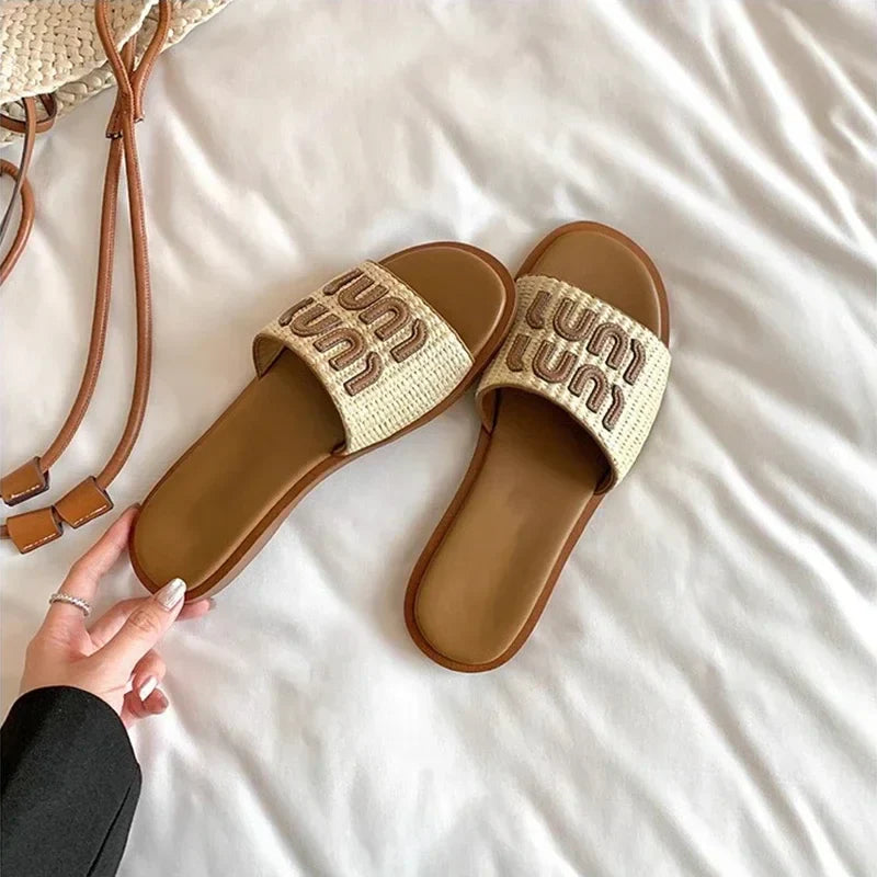 Vintage Woven Women's Sandals Fashion Letter Woven Flat Slippers