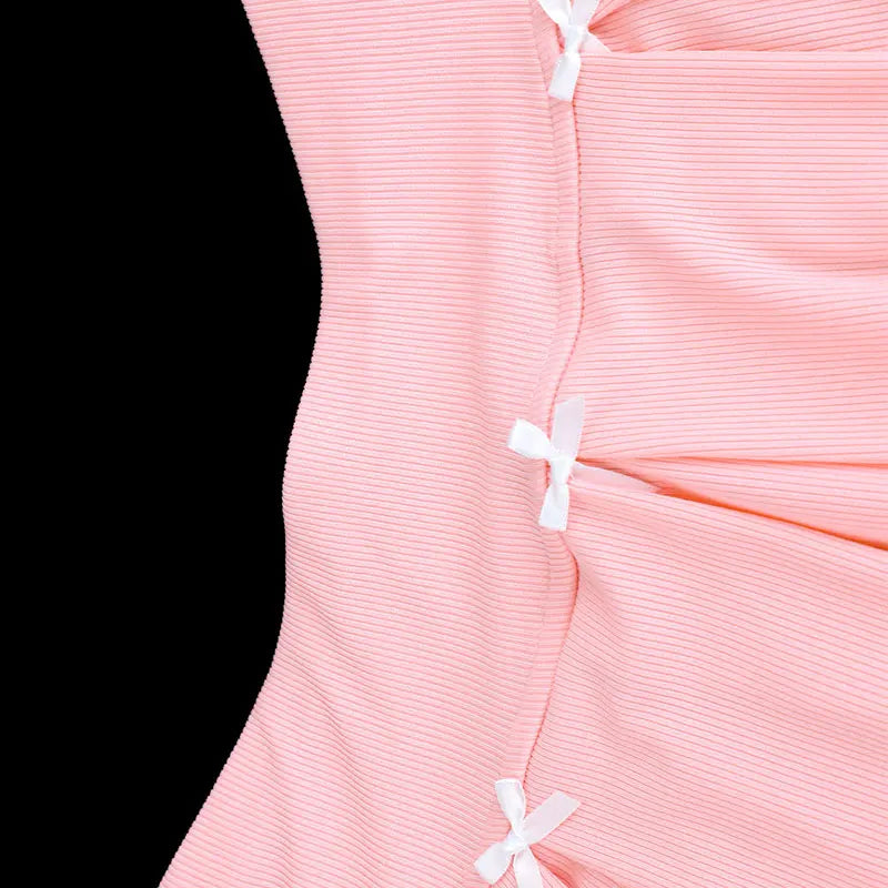 Women's 2 Piece Streetwear New Bow Pleated Skirt Pink Sweet Sexy Lace Backless V-Neck