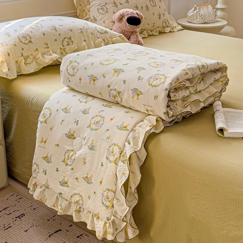 Korean Quilt with Lace and Ruffle Pure Cotton Patchwork Comforter for Summer Skin-Friendly Breathable Cooling Blanket for Home