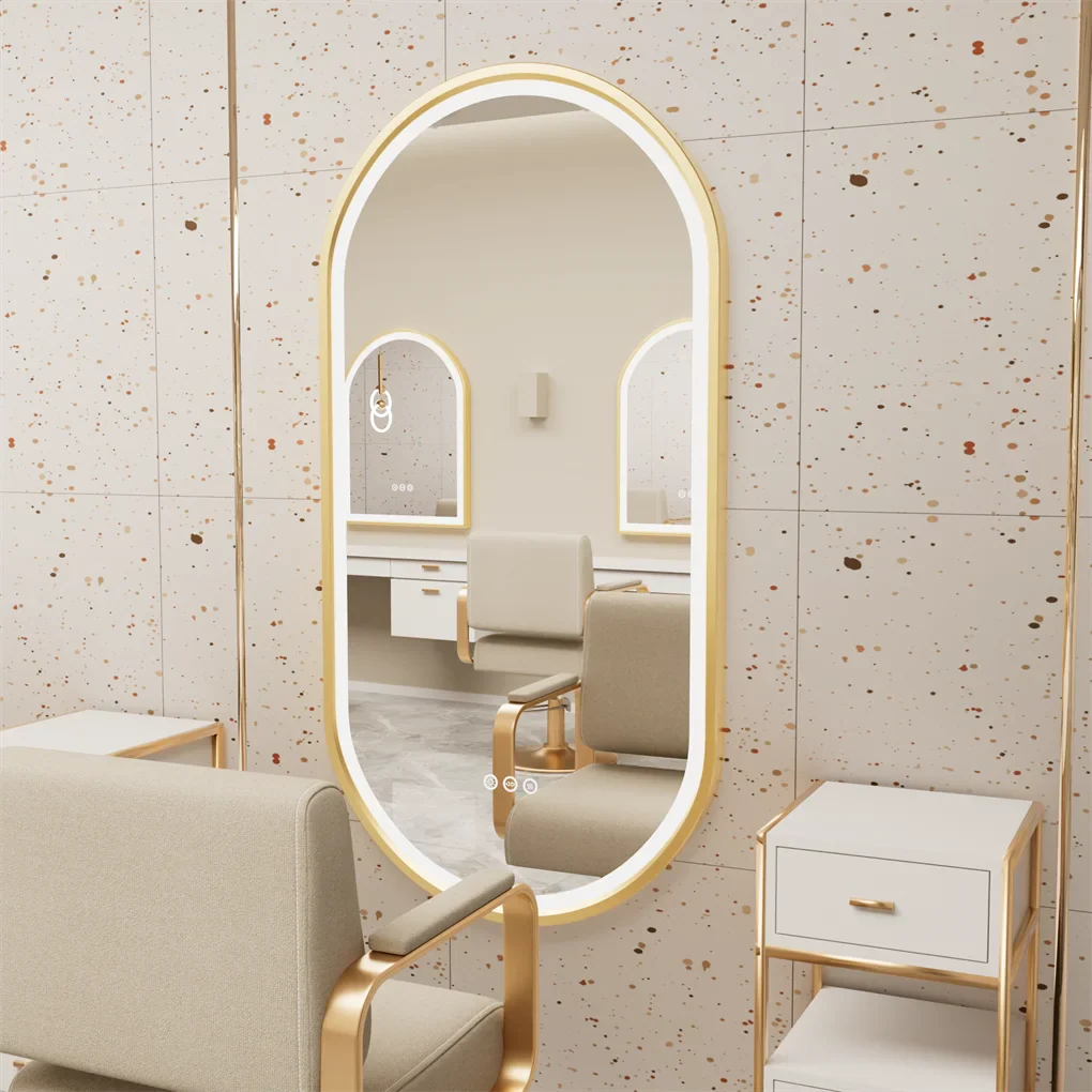 Luxury Oval Led Illuminated Bathroom Mirror Gold Aluminum Frame with Demister Pad