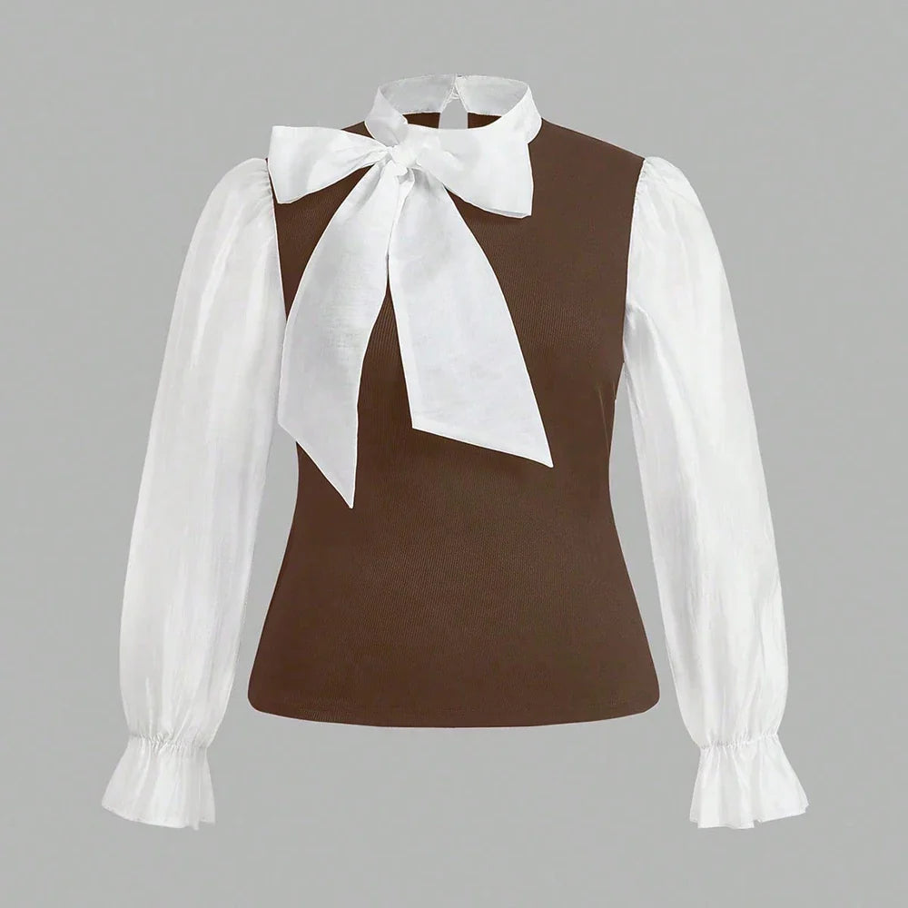 Plus Size Women's Elegant Contrast Bow Tie Long Sleeve A-Line Office Work Shirt Business