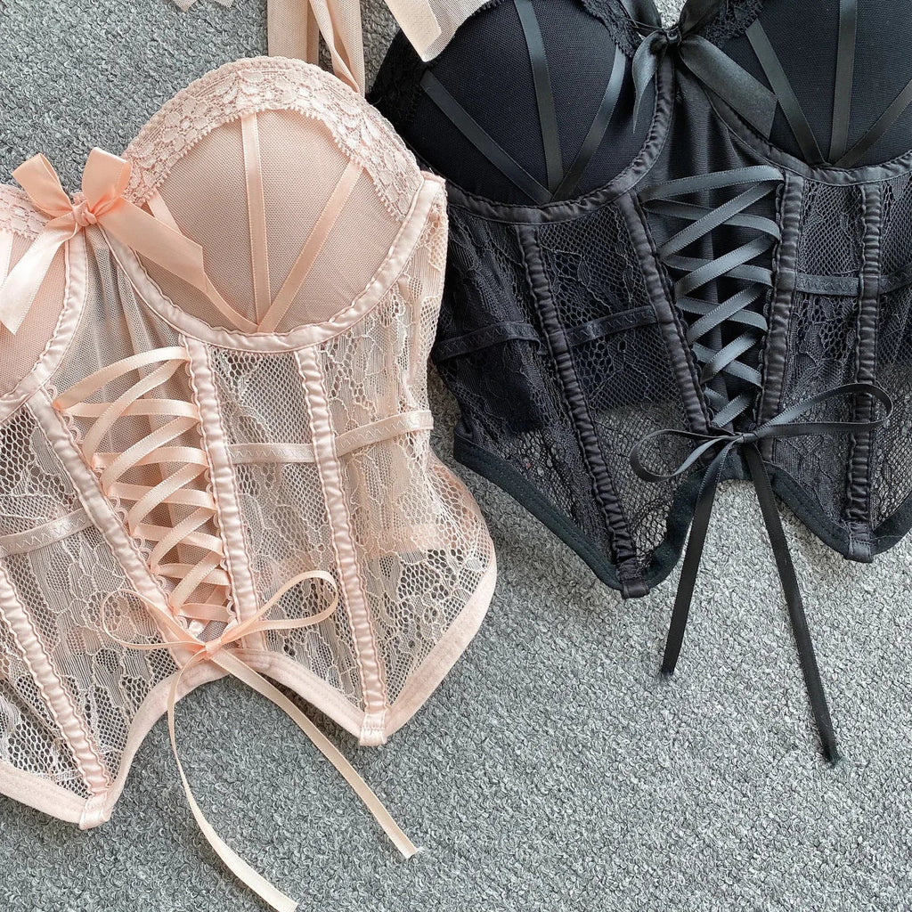 Spaghetti Strap Tank Top for Women Strapless Build in Bra Lace Patchwrok Tulle Bow Camis Summer Casual Female Camisoles