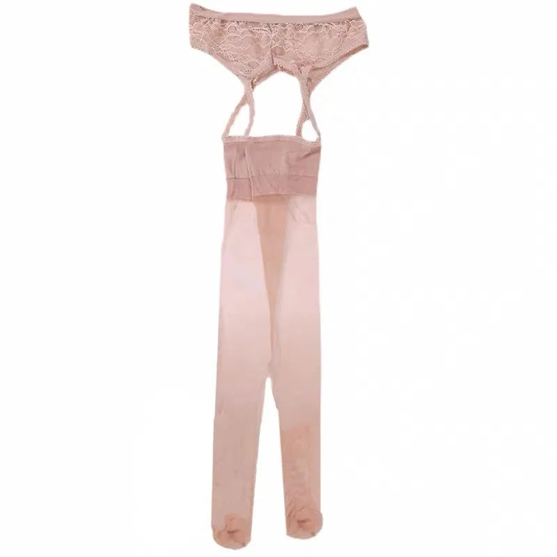 Lace Garter One-piece High Waist Stockings Hollow Oil Shiny Silk Smooth Sexy Pantyhose with Garters