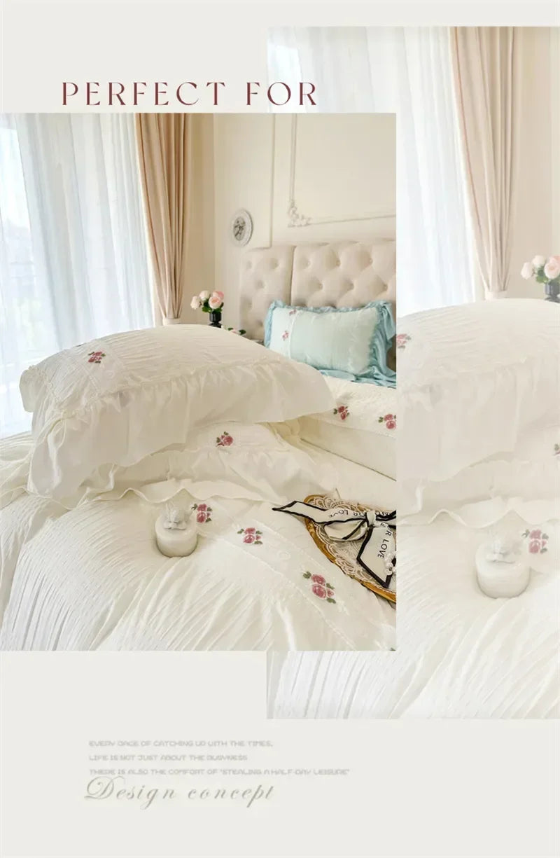 French Embroidered Lace Bubble Gauze Bedding Set Elegant Princess Style Duvet Cover Set Ruffled Comforter Cover Sets
