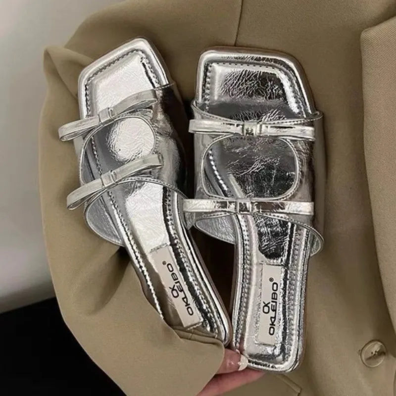 Women Bow Flat Open Toe Flat Slippers