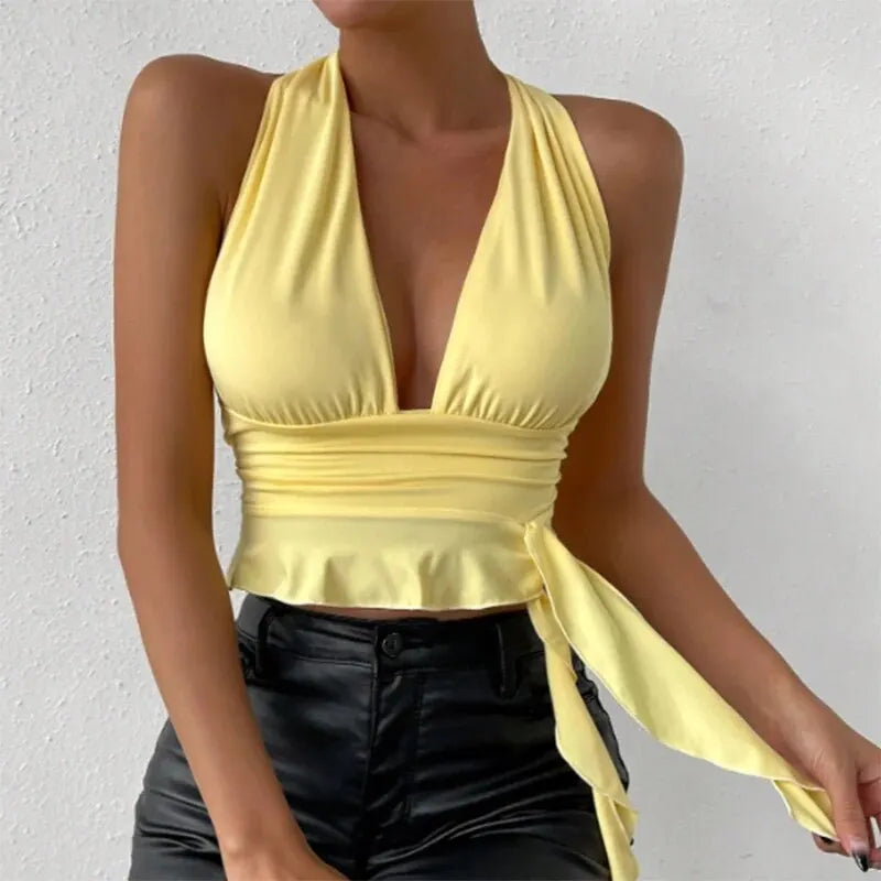 Women's Sexy Tight Fitting Deep V-neck Pleated Top Tight Fitting