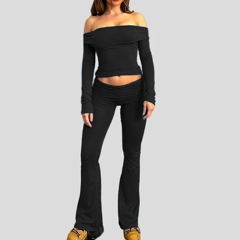 Slash Neck Top and Casual Pants Sets Women's Two Pieces Of Outfits Streetwear Solid Fashion Y2K Basic Slim Clothes