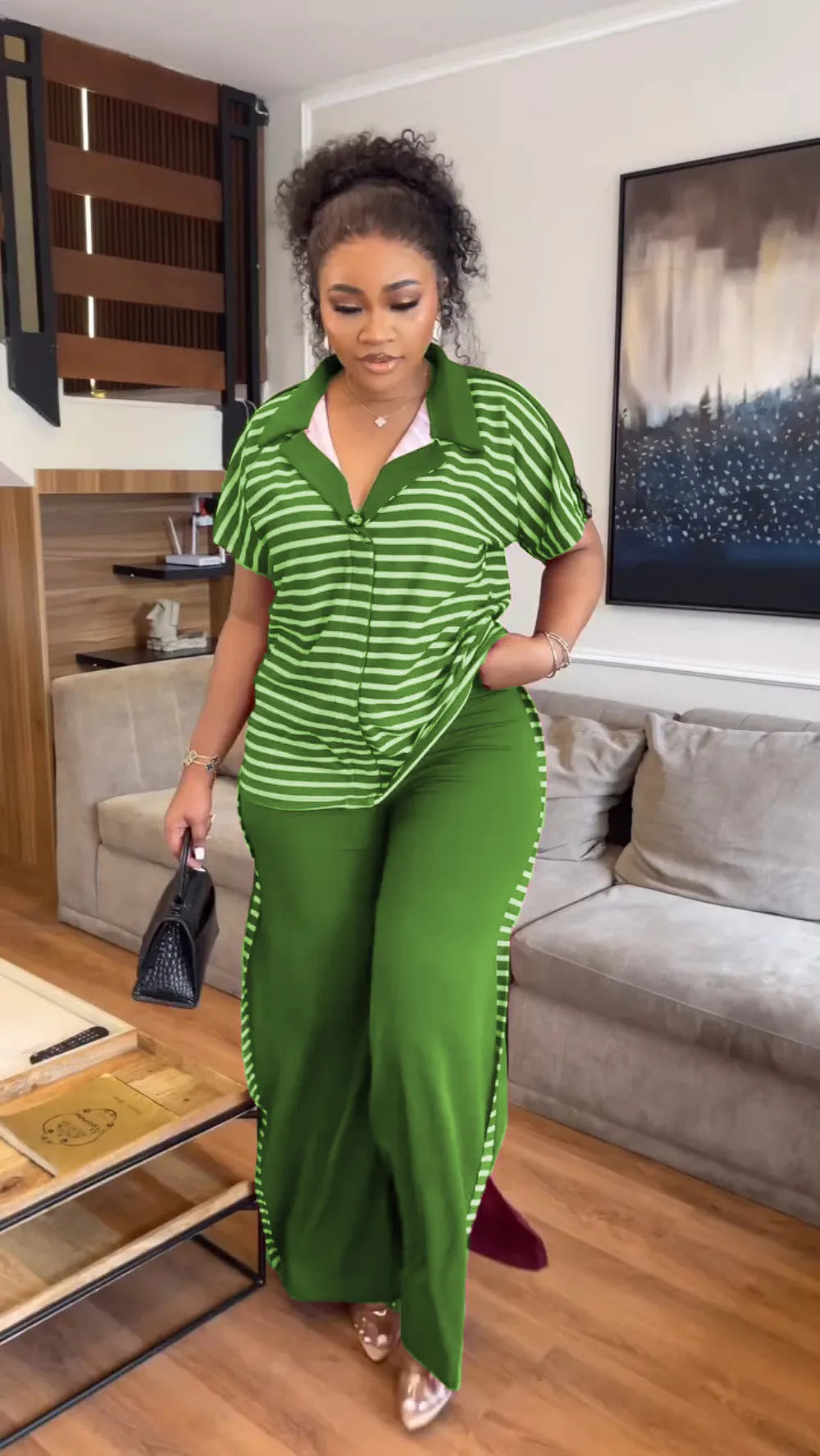 Summer Fashion Two Piece Set Women Solid Color Round Neck Short Sleeve T-shirt Printed Wide Leg Pants Casual Two Piece Set