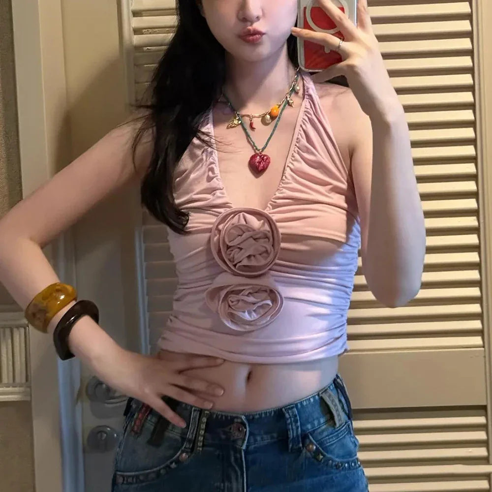 Handmade Floral Pink Women Sexy Backless Elegant Neck Sleeveless Tank Top