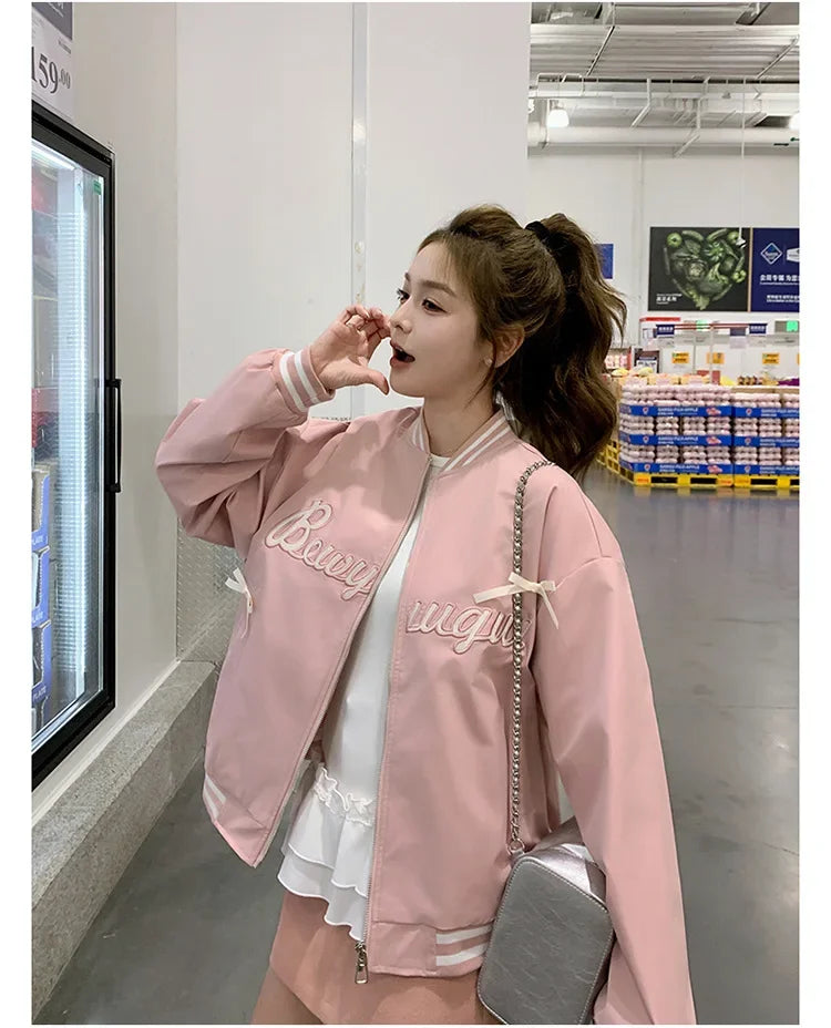Sweet Butterfly Knot Pink Baseball Jacket Women's Spring Autumn Casual Loose Fit round Neck Full Sleeve Fashionable Coat