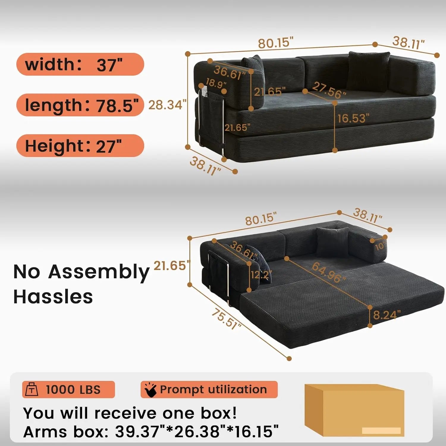 Combination Modular Sofa Living Room Folding Sofa Bed Convertable Corduroy Couch Floor Sleeper 4-in-1 Comfy Foldable Lazy