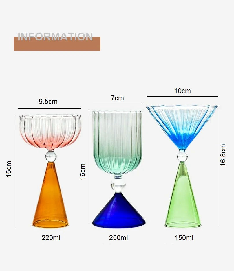 Clear Two Tone Green Blue Amber Purple Colored Ripple Style Martini Mojito Champagne Margarita Cocktail Glasses Goblet Cup