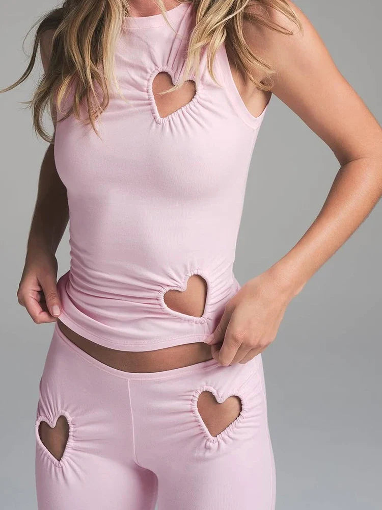 Heart Hollow 2 Piece Set Women o-Neck Sleeveless Tops+Skinny Stretch Pants