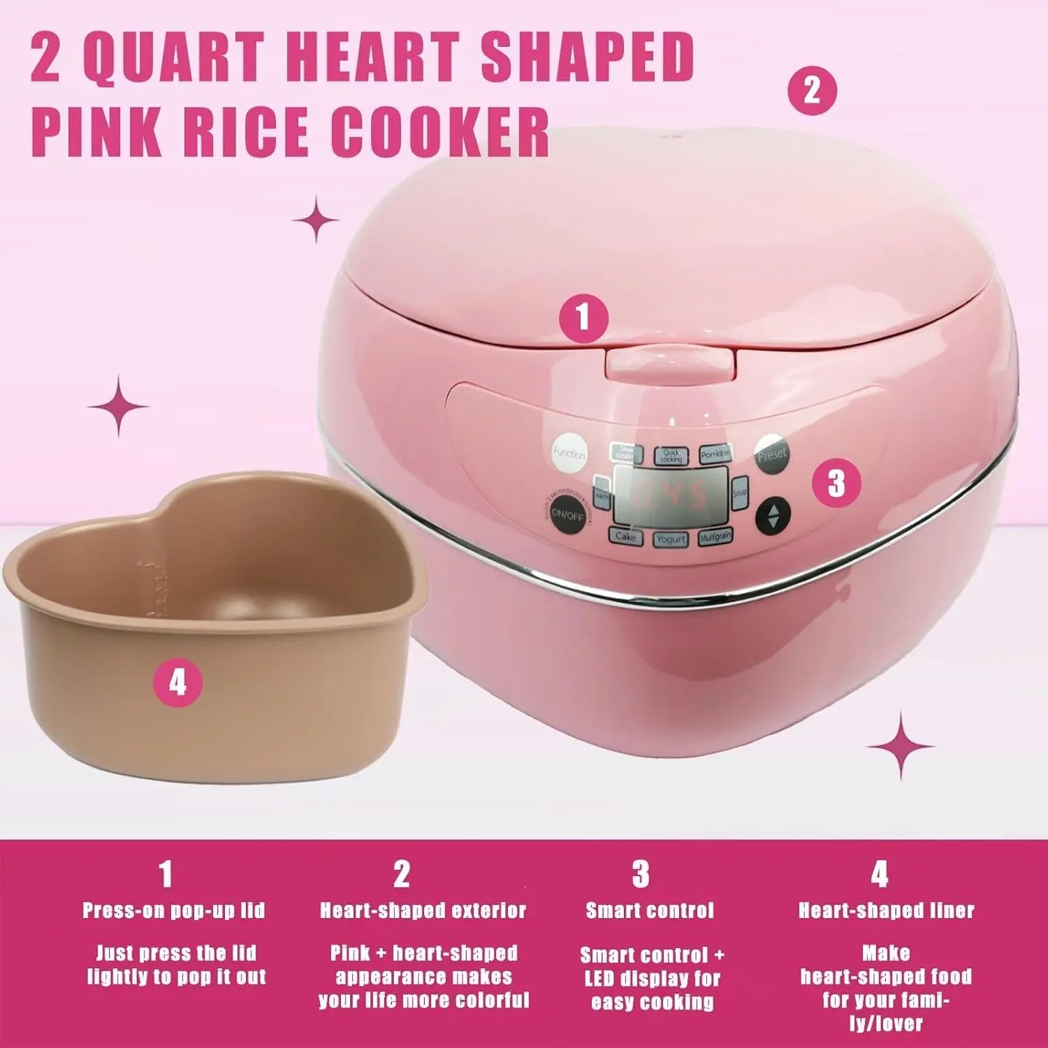 Pink Rice Cooker, Smart Rice Cooker 8 Cup With Delay Preset Timer And Auto Thermostat, Keep Food Warm