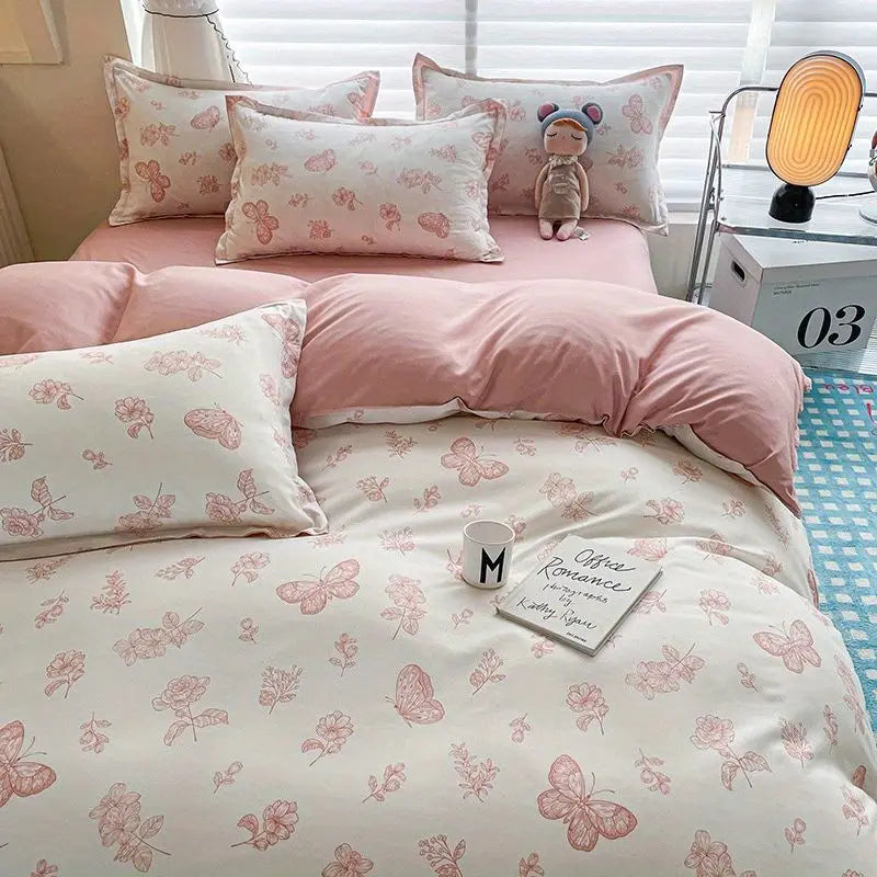 Pink Bedding Set Twin Full Queen Duvet Cover Girls Floral Bed Flat Sheet Pillowcase