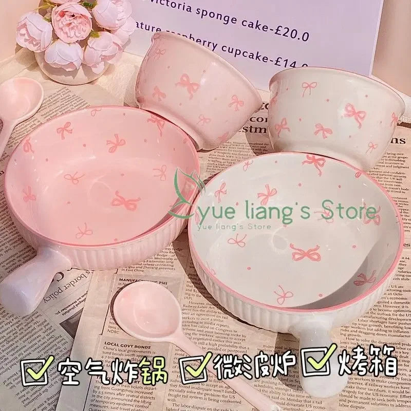 Pink Bow Ceramic Cutlery Set, Home Tableware Ceramic Handle Bowl Yogurt Cup High Value Breakfast Plate Drinkware