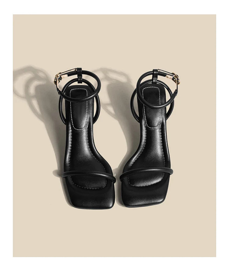 Women's High Heel Sandals Square Toe Thin Heels One-length Strip Open Toe Sandals