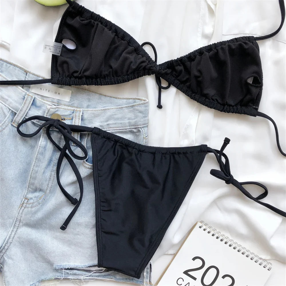 Women Sexy Sling Bikini Micro String Extreme Swimsuit Bikinis Pleated Set