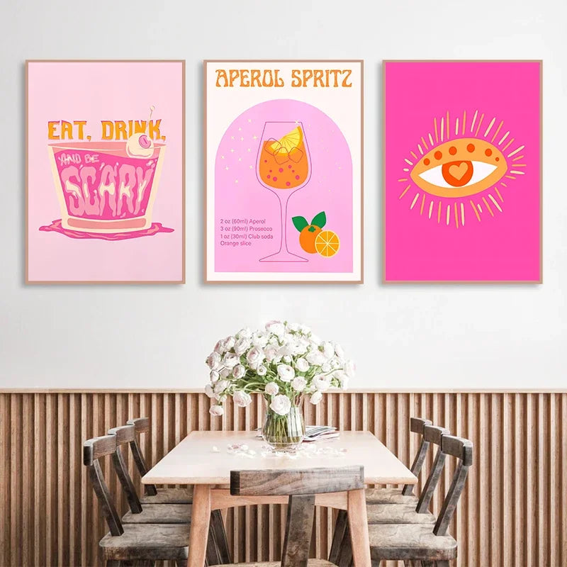 Pink Strawberry Lemon Card Cocktails Drink Posters Retro Canvas Painting