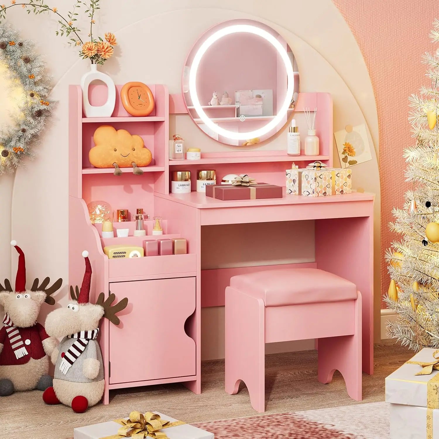 Kids Vanity Desk with Lights Mirror Makeup Vanity Table with Storage Cabinet & Shelves Pink Vanity Set with Chair for Girl