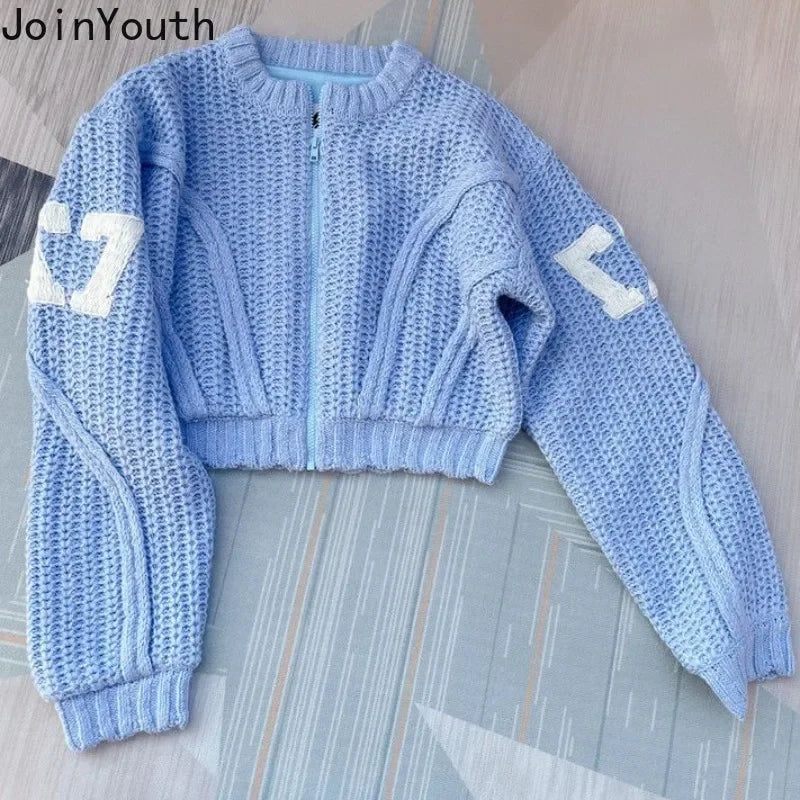 Knitted Clothing 2 Piece Womens Outfits Roupas Femme Zipper Letter Cropped Cardigan High Waist Casual Shorts Suit Set