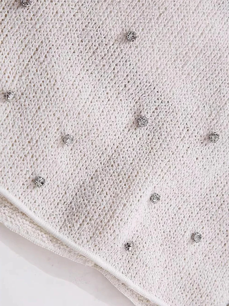 Diamond Women 2 Piece Set Luxury Knit Halter Backless Tank Tops+Shorts Casual Matching Streetwear Stretch Simple Suit